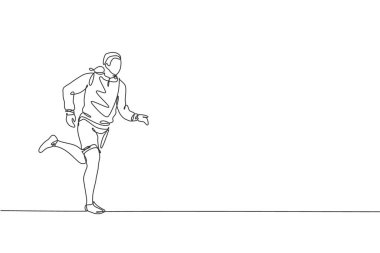 Şehre doğru koşan kapüşonlu genç ve mutlu bir koşucunun çizdiği tek çizgi. Eğlenceli spor koşusu ve sağlıklı yaşam tarzı konsepti. Bir satır çizimi tasarım vektörü illüstrasyonu