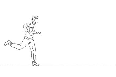 Genç sporcu koşucunun sürekli çizdiği çizgiler kırsalda rahatça koşuyor. Sağlıklı yaşam tarzı ve eğlenceli koşu sporu konsepti. Dinamik tek çizgi tasarım vektörü grafik çizimi
