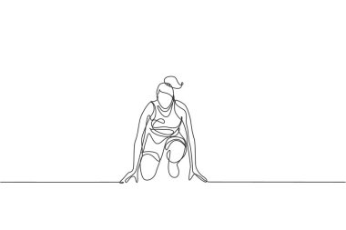 Genç enerjik kadın koşucunun başlangıç çizgisi vektör illüstrasyonunda koşmaya hazır tek bir çizgisi. Sağlıklı spor eğitimi konsepti. Koşan yarış bayrağı için modern sürekli çizgi çizimi tasarımı