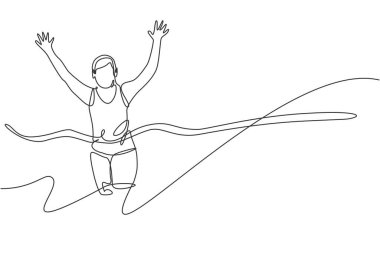 Genç sporcu koşucuyu bitiş çizgisine çeken aralıksız bir çizgi. Sağlık aktivitesi spor konsepti. Etkinlik tanıtım posteri için dinamik tek çizgi çizimi tasarım vektörü grafik çizimi