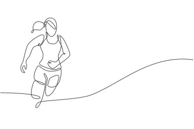 Tek bir çizgi genç enerjik kadın koşucunun dikkatini çekiyor. Şehir yolu grafik çizimi üzerinde çalışıyor. Sağlıklı spor eğitimi konsepti. Koşan yarış bayrağı için modern sürekli çizgi çizimi tasarımı