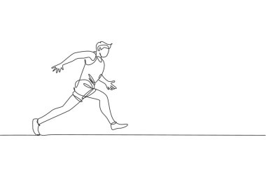 Koşu pistinde koşan genç sporcu koşucunun sürekli çizdiği bir çizgi. Sağlık aktivitesi spor konsepti. Etkinlik tanıtım posteri için dinamik tek çizgi çizimi tasarım vektör çizimi çizimi