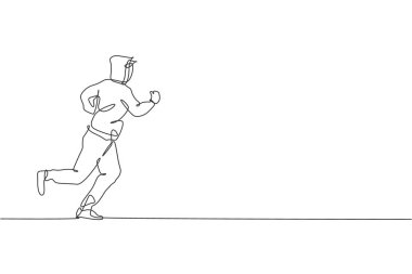 Genç çevik koşucunun tek sıra çizimi. Şehir caddesinde rahatla. Sağlıklı yaşam tarzı kavramı. Yarış tanıtımı için bir satır tasarım vektör çizimi grafiği