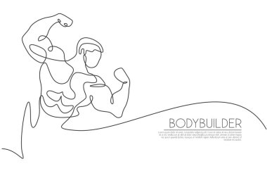 Genç ve enerjik bir modelin vücut geliştiricisinin çizdiği tek bir çizgi vektör illüstrasyonuydu. Sağlıklı egzersiz konsepti. Vücut geliştirme fitness merkezi logosu için modern sürekli çizgi çizimi tasarımı
