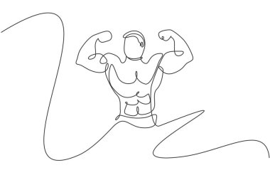 Genç ve enerjik bir vücut geliştirme modelinin çizimi büyüleyici bir şekilde vektör illüstrasyonudur. Sağlıklı egzersiz konsepti. Vücut geliştirme kulübü logosu ve simgesi için modern sürekli çizgi çizimi tasarımı