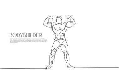 Genç kaslı model vücutçunun zarif poz verirken sürekli çizdiği tek çizgi. Spor salonu logosu. Budybuilding simgesi ve sembol şablonu için bir satır tasarım vektör çizimi illüstrasyonu