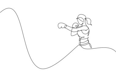 Genç sporcu kadın boksörün durmaksızın çizdiği bir çizgi zarif bir poz. Rekabetçi dövüş sporları konsepti. Boks maçı tanıtım posteri için dinamik tek çizgi çizimi tasarım vektör çizimi çizimi