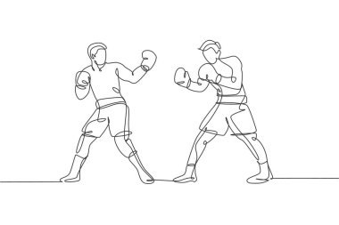 Boks maçında rakiplerini kışkırtan iki genç çevik adamın tek sıra çizimi. Adil dövüş sporu konsepti. Boks oyunu tanıtım ortamı için bir satır tasarım vektörü çizimi