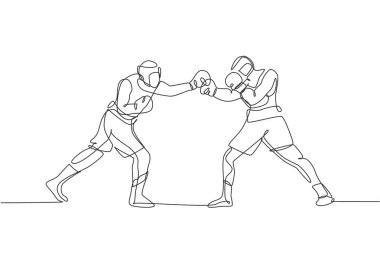 Boks ringinde iki genç sporcu boksör düellosu. Rekabetçi dövüş sporları konsepti. Boks maçı tanıtım posteri için dinamik tek çizgi çizimi tasarım vektör çizimi çizimi