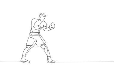 Spor salonundaki genç çevik boksör duruşunun tek sıra çizimi. Adil dövüş sporu konsepti. Boks oyunu tanıtım ortamı için bir satır tasarım vektörü çizimi