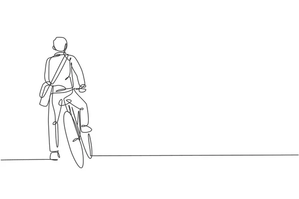 Desenho Linha Contínua Única Jovem Gerente Profissional Homem Andar Bicicleta — Vetor de Stock
