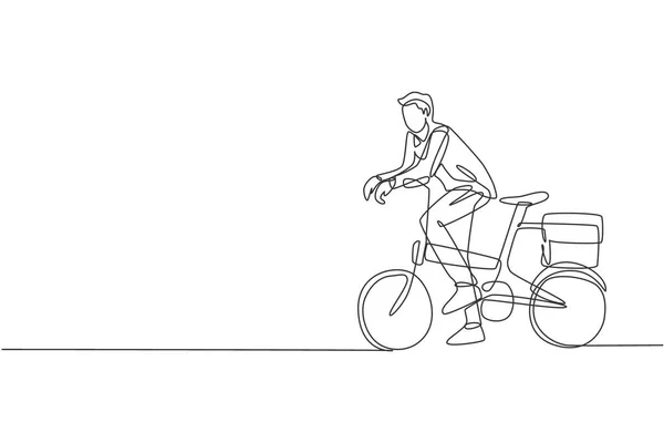 若いプロのマネージャーの自転車に乗る彼のオフィスに折りたたみ自転車の1つの連続線画 健康的な労働都市生活の概念 ダイナミックシングルラインドローデザインベクトルイラスト — ストックベクタ