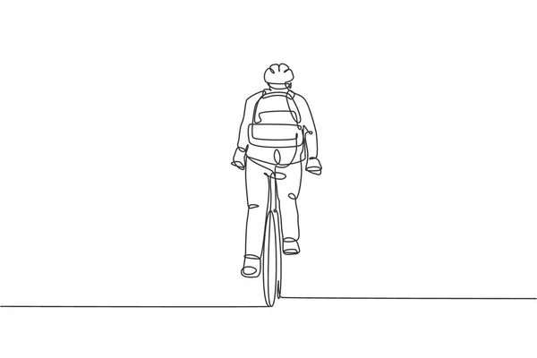 彼のオフィス リアビューに若いプロのマネージャーの自転車に乗る自転車の1つの連続線画 健康的な労働都市生活の概念 ダイナミックシングルラインドローデザインベクトルイラスト — ストックベクタ