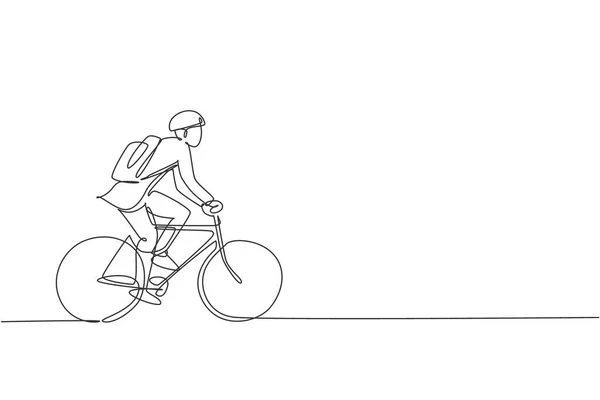 Una Sola Línea Continua Dibujar Joven Empresario Profesional Montar Bicicleta — Vector de stock