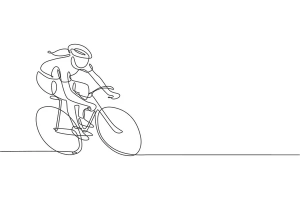 Una Línea Continua Dibuja Una Joven Ciclista Deportiva Pedaleando Bicicleta — Vector de stock