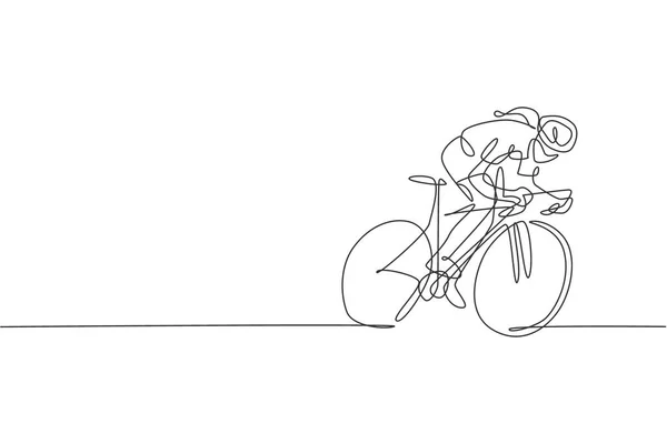 Une Seule Ligne Dessinant Jeune Femme Énergique Coureur Vélo Focus — Image vectorielle