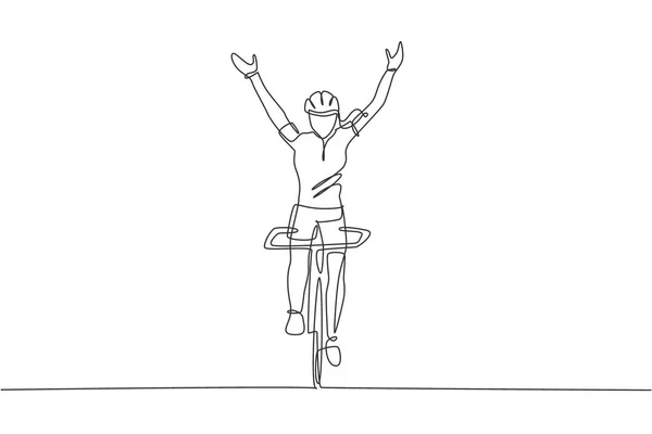 Eine Einzige Durchgehende Linienzeichnung Einer Jungen Agilen Radfahrerin Hebt Die — Stockvektor
