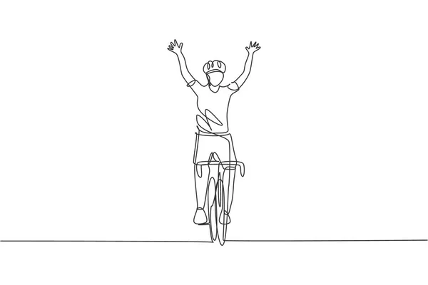 Eine Durchgehende Linienzeichnung Eines Jungen Sportlichen Radrennfahrers Überquert Die Ziellinie — Stockvektor