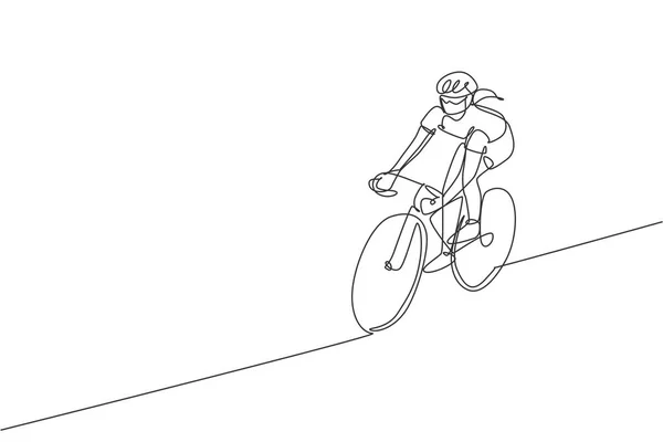 若いスポーティな女性自転車レーサーの1つの継続的なライン図面は サイクリングトラックで彼女のスキルを訓練します ロードサイクリストの概念 自転車競技ポスターのためのシングルラインドローデザインベクトルイラスト — ストックベクタ