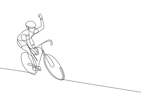 Jeden Ciągły Rysunek Linii Młody Człowiek Sportowy Rowerzysta Fala Ręka — Wektor stockowy