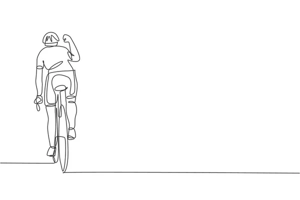 Desenho Linha Contínua Jovem Desportivo Homem Ciclista Levantar Mão Para — Vetor de Stock