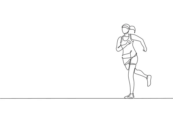Genç Mutlu Koşucu Kadın Egzersizlerinin Tek Çizgi Çizimi Dayanıklılık Vektör — Stok Vektör