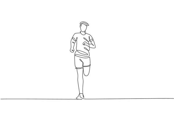 Enkele Continue Lijn Tekening Van Jonge Gelukkige Gezondheid Runner Man — Stockvector