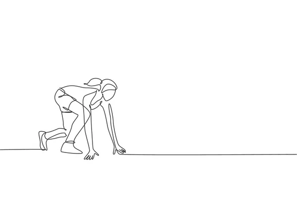 Eine Einzige Linienzeichnung Einer Jungen Glücklichen Läuferin Die Der Start — Stockvektor