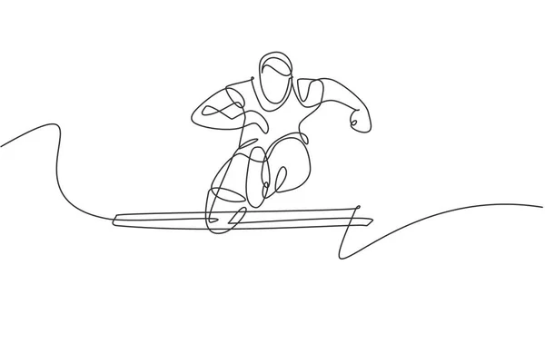 One Continuous Line Drawing Young Sporty Man Runner Jumping Obstacle — Stock Vector