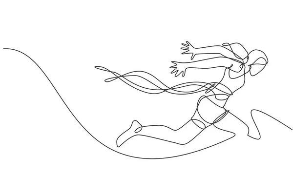若いスポーティな女性ランナーを描く1つの連続ラインはフィニッシュラインを渡ります 健康活動スポーツの概念 ダイナミックシングルラインドローデザインイベントプロモーションポスター用グラフィックベクトルイラスト — ストックベクタ