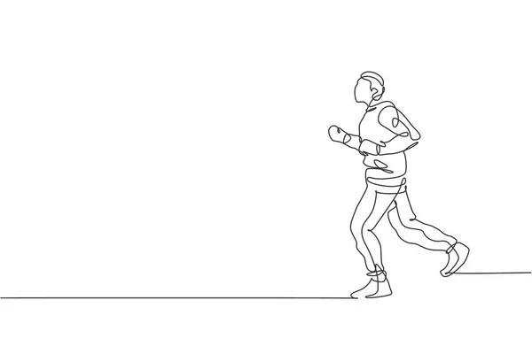 若いエネルギーの男のランナーの一本の線画は 朝のベクトルイラストグラフィックでリラックスして実行します 健康的なスポーツトレーニングの概念 レースバナーを実行するためのモダンな連続線描画デザイン — ストックベクタ