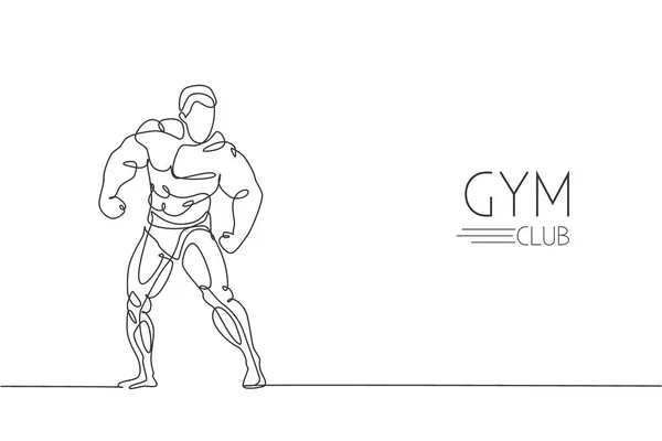 Eine Durchgehende Linienzeichnung Eines Jungen Starken Bodybuilders Fitnessstudio Logo Konzept — Stockvektor