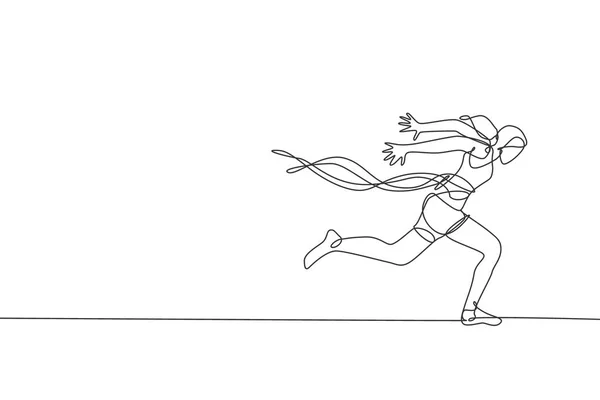若いエネルギッシュな女性ランナーの一本の線画はフィニッシュラインを横断し タップベクトルイラストを破る 健康的なスポーツの概念 レースバナーを実行するためのモダンな連続線描画デザイン — ストックベクタ