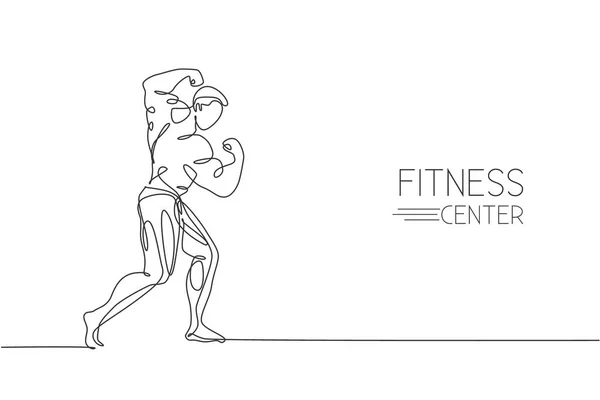 Seul Dessin Ligne Jeune Modèle Énergétique Homme Bodybuilder Pose Illustration — Image vectorielle