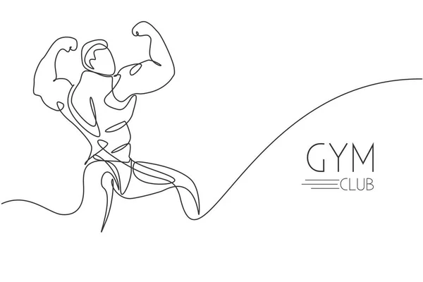 One Continuous Line Drawing Young Strong Model Man Bodybuilder Posed — Stock Vector