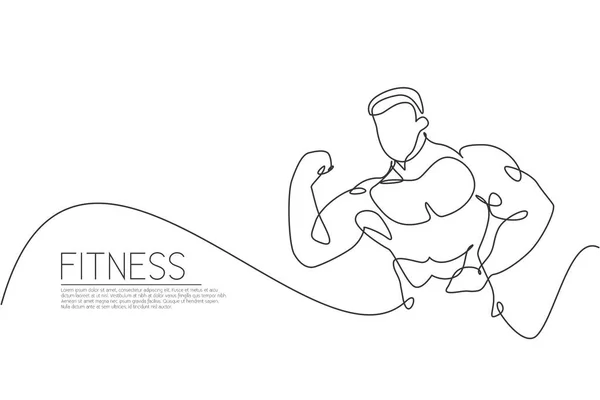 Kontinuerlig Linje Ritning Ung Stark Modell Man Kroppsbyggare Poserade Fitness — Stock vektor