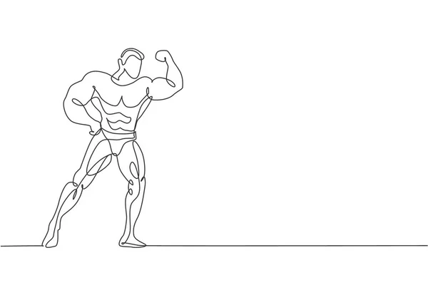 Simple Dessin Ligne Continue Jeune Musclé Modèle Homme Bodybuilder Posant — Image vectorielle