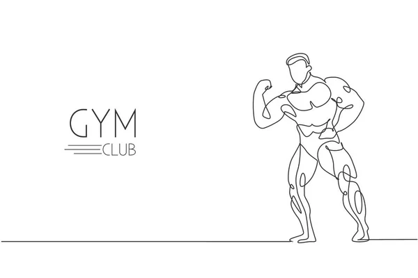 Une Ligne Continue Dessin Jeune Homme Modèle Fort Bodybuilder Pose — Image vectorielle