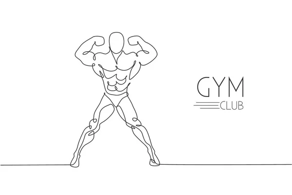 One Single Line Drawing Young Energetic Model Man Bodybuilder Posed — Stock Vector