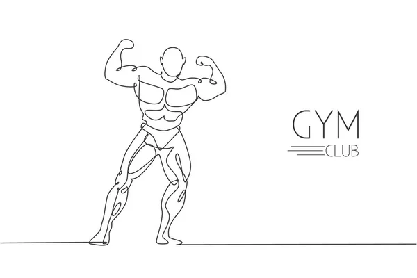 Disegno Singola Linea Giovane Modello Energetico Uomo Bodybuilder Posa Vettoriale — Vettoriale Stock