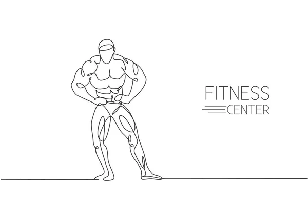 Desenho Linha Contínua Única Jovem Musculoso Modelo Homem Fisiculturista Posando — Vetor de Stock