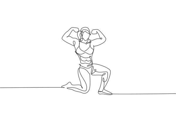 年轻肌肉模特儿女子健美运动员单行连续画线动作优美 健身馆的标志趋势单行绘图设计矢量插图 用于佛塔图标和符号模板 — 图库矢量图片
