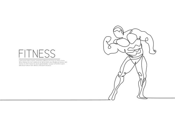 One Continuous Line Drawing Young Strong Model Man Bodybuilder Posed — Stock Vector