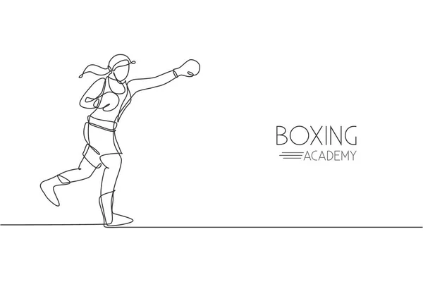 Uma Única Linha Desenho Pugilista Jovem Mulher Enérgica Praticar Sua — Vetor de Stock