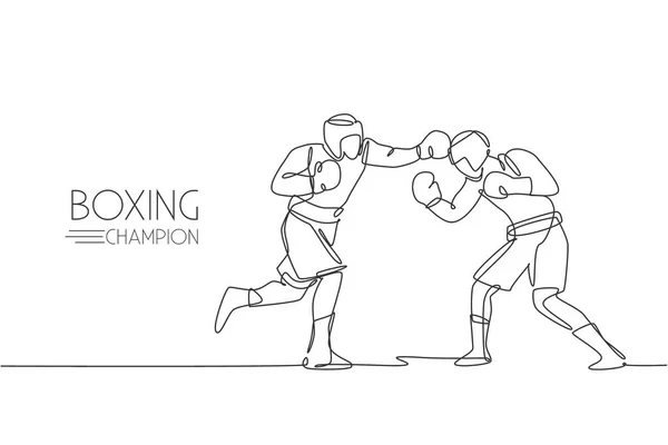 Una Línea Continua Dibujo Dos Jóvenes Boxeadores Deportivos Muestran Emocionante — Archivo Imágenes Vectoriales