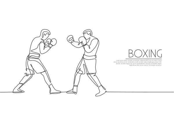 Uma Única Linha Desenhando Dois Jovens Homens Enérgicos Boxeador Lutando — Vetor de Stock