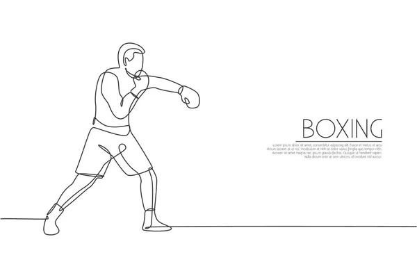 Una Sola Línea Dibujo Joven Enérgico Hombre Boxeador Mejorar Punch — Vector de stock