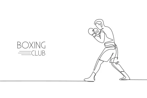 Única Linha Contínua Desenhando Jovem Boxeador Ágil Pronto Para Lutar — Vetor de Stock