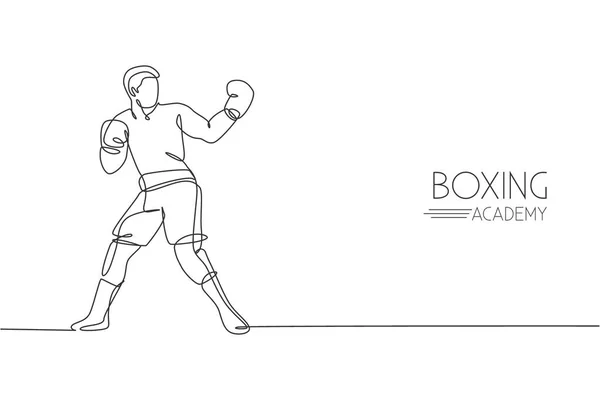 Une Ligne Continue Dessinant Jeune Boxeur Homme Sportif Essayer Provoquer — Image vectorielle