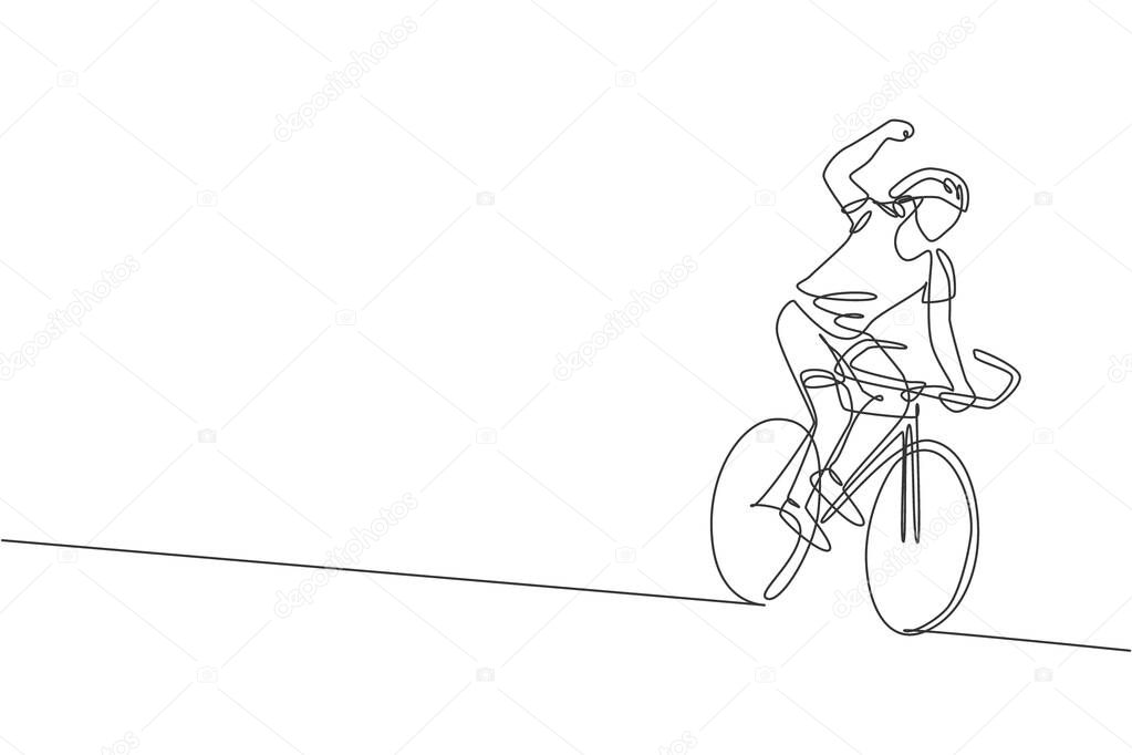 Single continuous line drawing of young agile man cyclist happy to reach finish line. Sport lifestyle concept. Trendy one line draw design graphic vector illustration for cycling race promotion media
